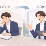 英会話スクール通学している社会人のビフォーアフターの変化を表したイメージ