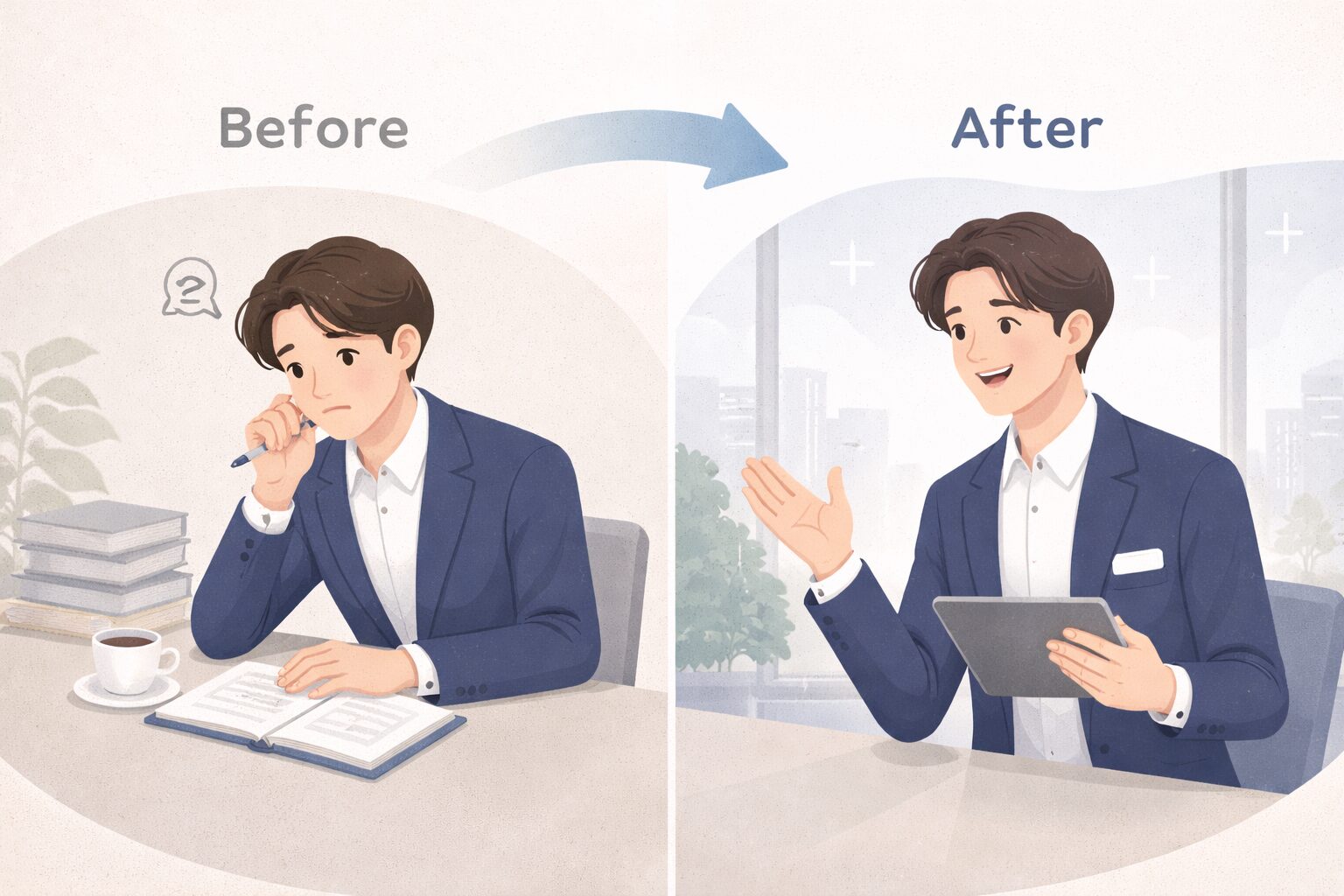 英会話スクール通学している社会人のビフォーアフターの変化を表したイメージ