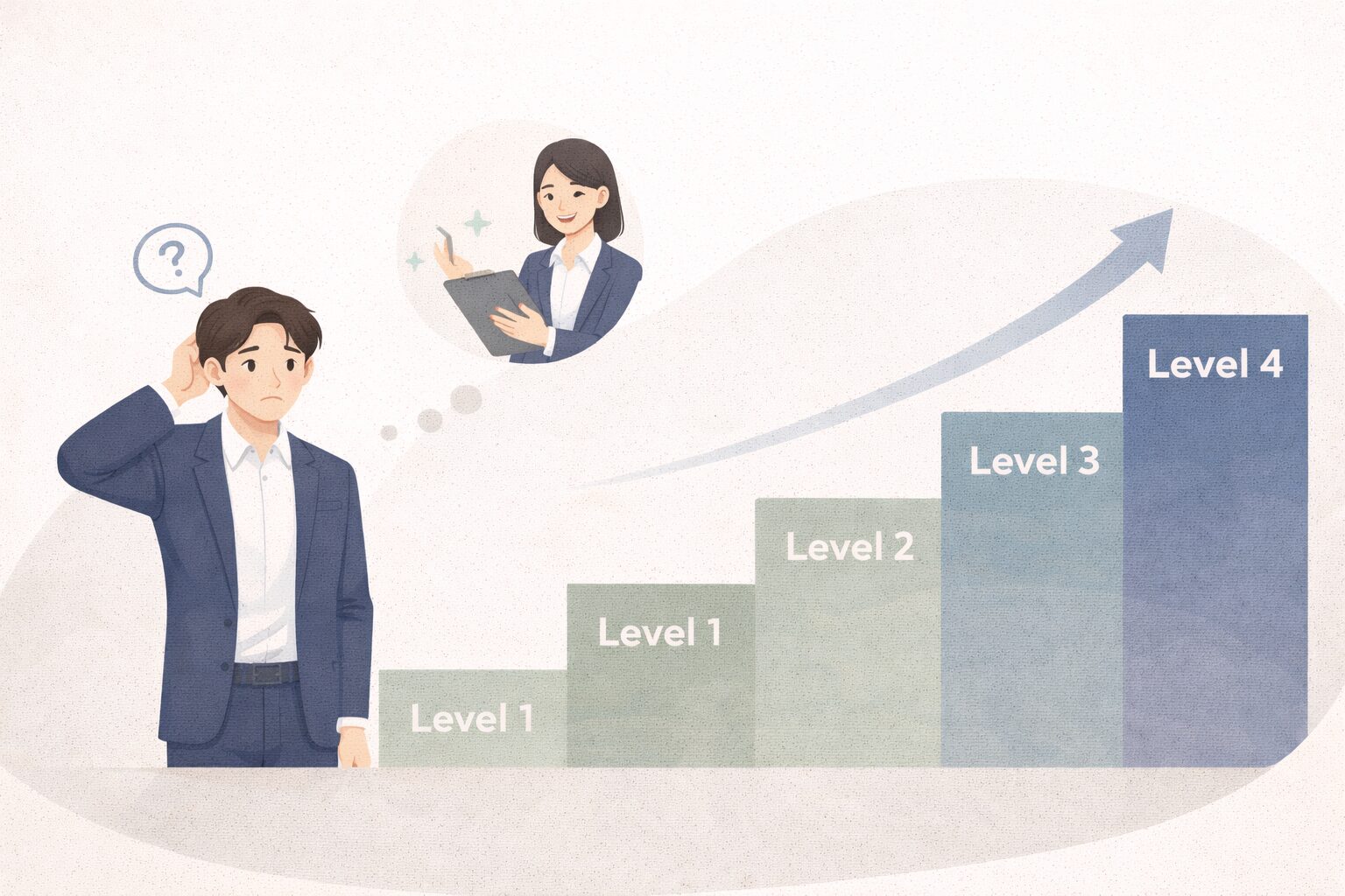 GABA英会話のレベル制度と初心者サポート体制を図解で表したイメージイラスト