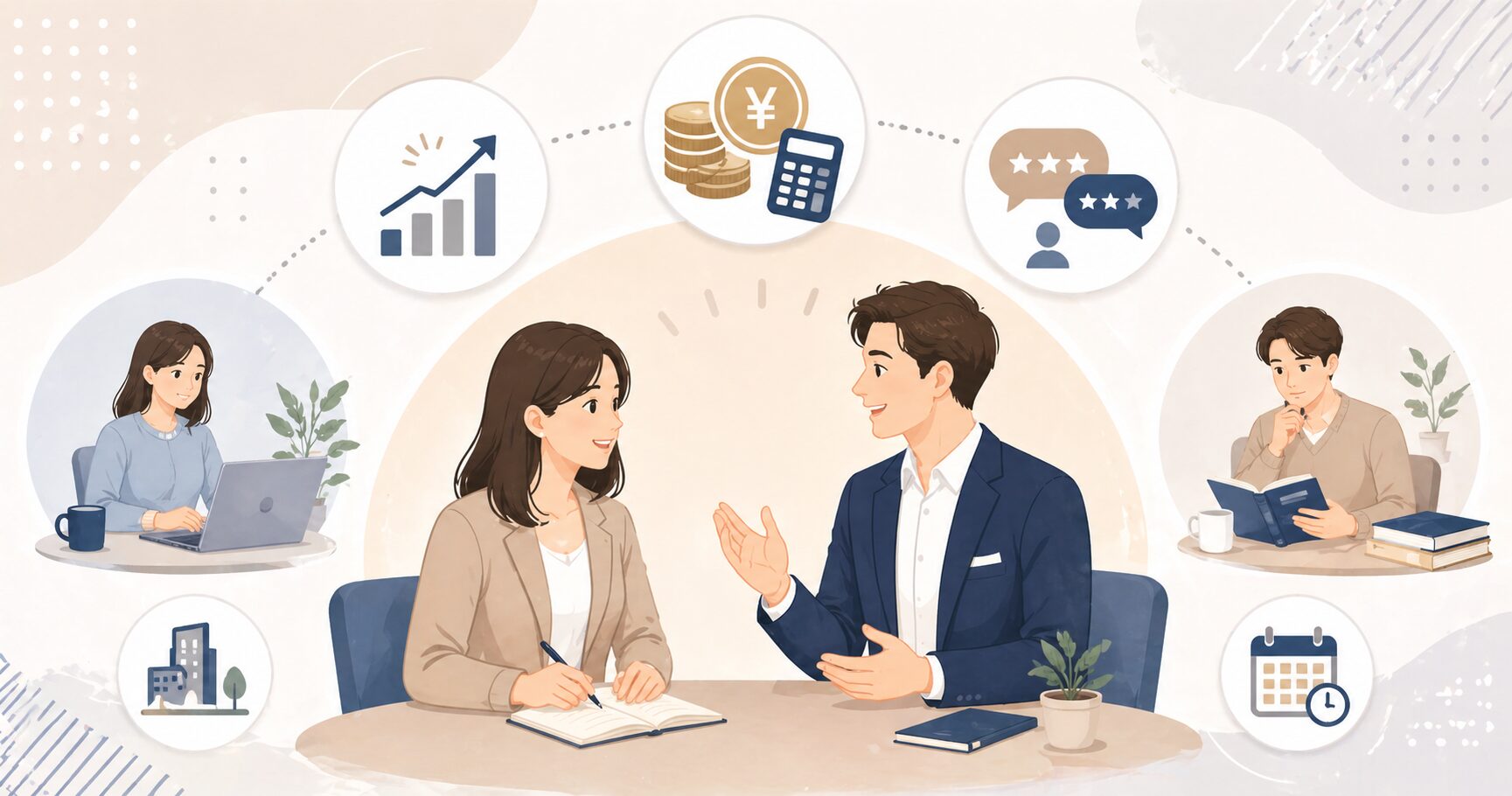 GABAマンツーマン英会話の効果・料金・評判をまとめて解説するイメージイラスト