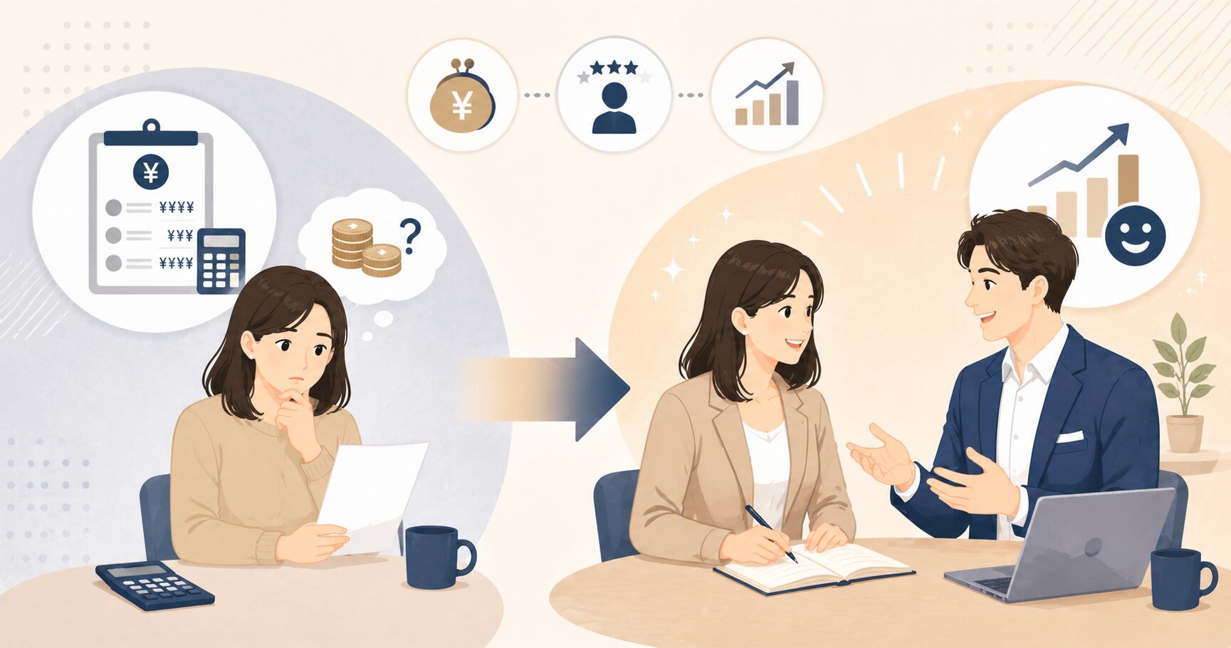 GABA英会話の料金に悩みながらも、実際に通って価値を実感する様子を表したイメージイラスト