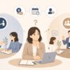 GABAとNOVAを比較しながら自分に合う英会話スクールを検討するイメージイラスト